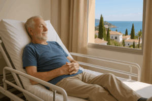 Persona mayor disfrutando su cama articulada